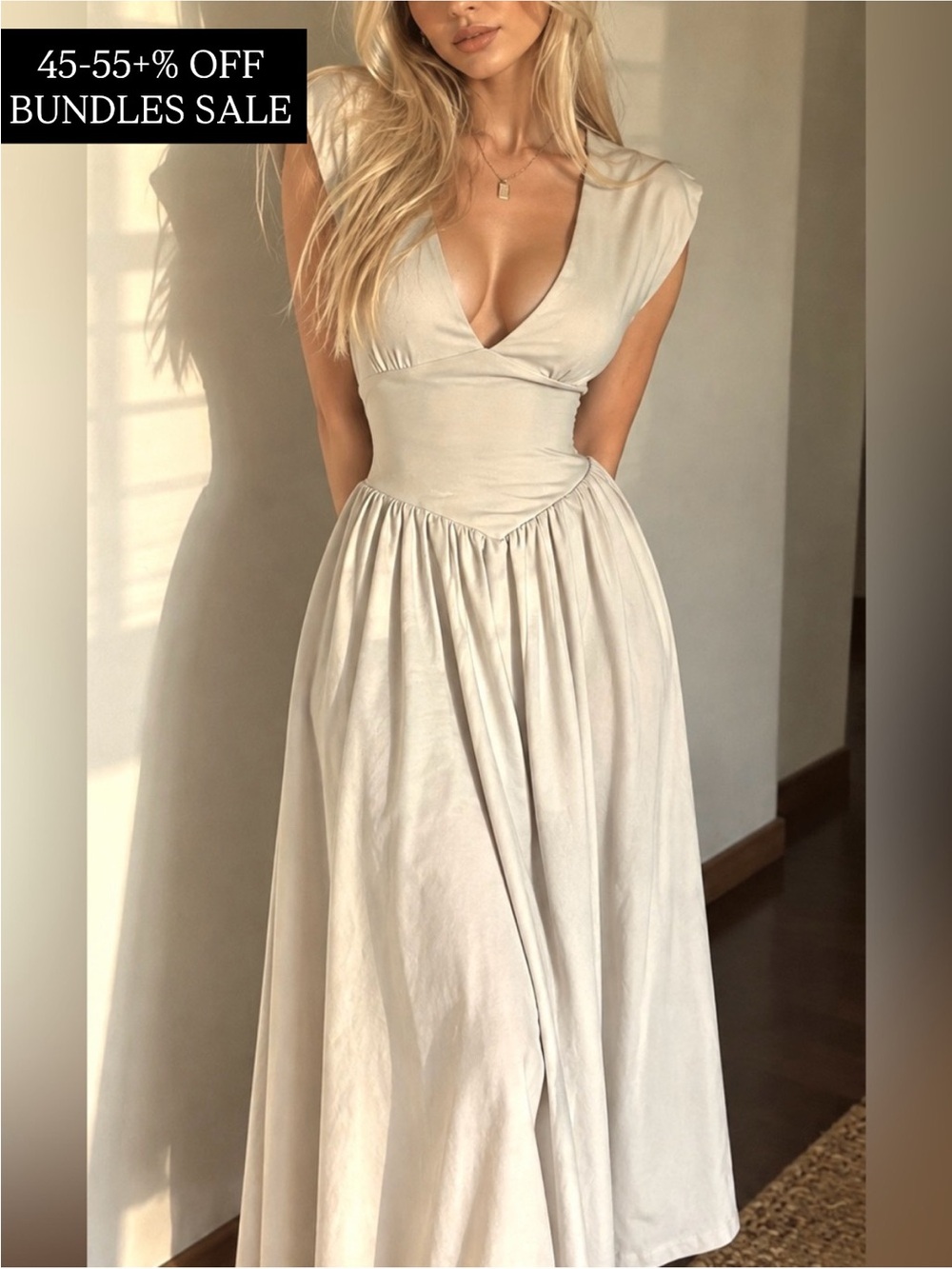Women's V‑Neck White Maxi Essential Formal Stylish Elegant Must Have Dress